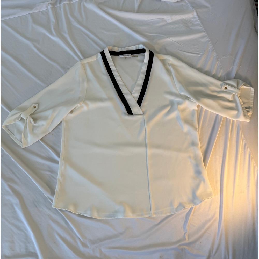 Calvin Klein Womens 0X Blouse Cream Ivory Black Trim Roll Tab Sleeve V-Neck Top